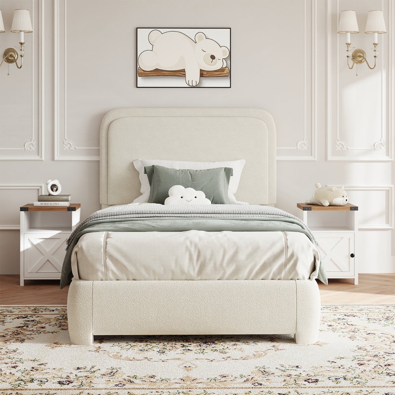 Ensemble de lit plateforme tapissier 3 pièces Bensu Boucle, Crème blanche, Simple