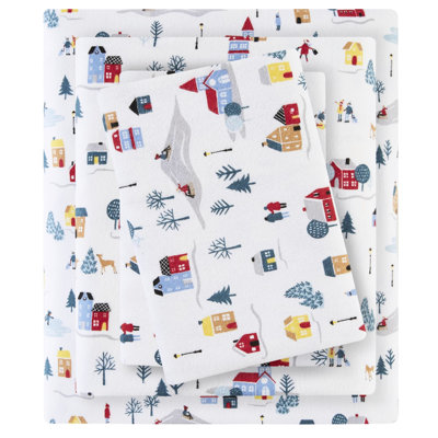 Ensemble de draps 4 pièces à imprimé très grand - imprimé blanc de village, flanelle 100% coton, doux au toucher, lavable à la machine, avec drap plat, 2 taies d'oreiller ajustées, convient aux matelas jusqu'à 14 po