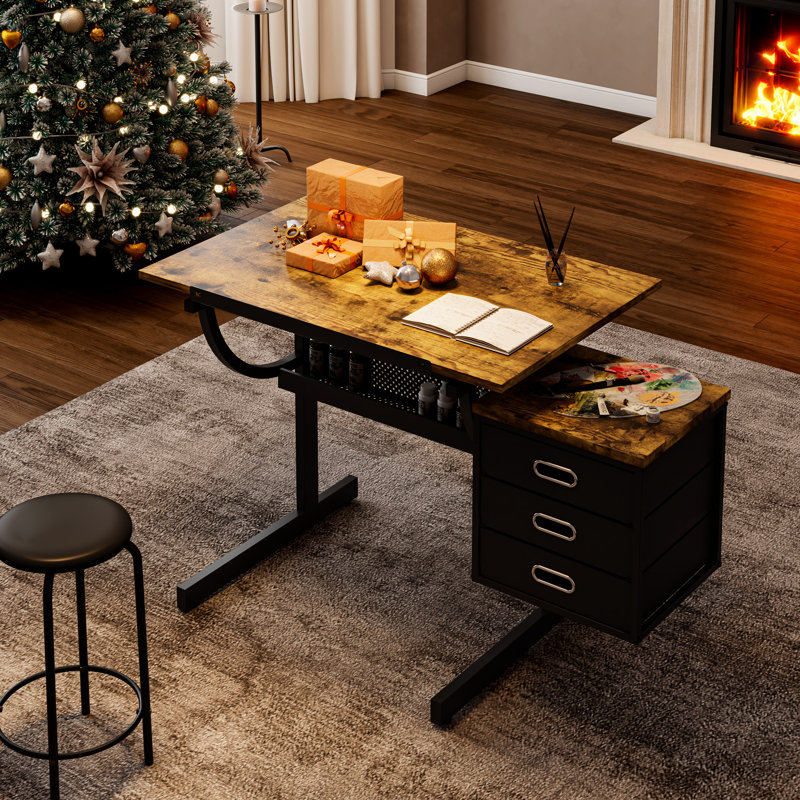 Black Drafting Table With Adjustable Top And Tools Storage Compartments Drawing Stool & 3 Drawers For Painting, Crafting