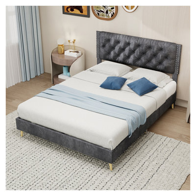 Structure de lit capitonnée en velours capitonné avec pieds robustes - Mobilier de chambre double gris