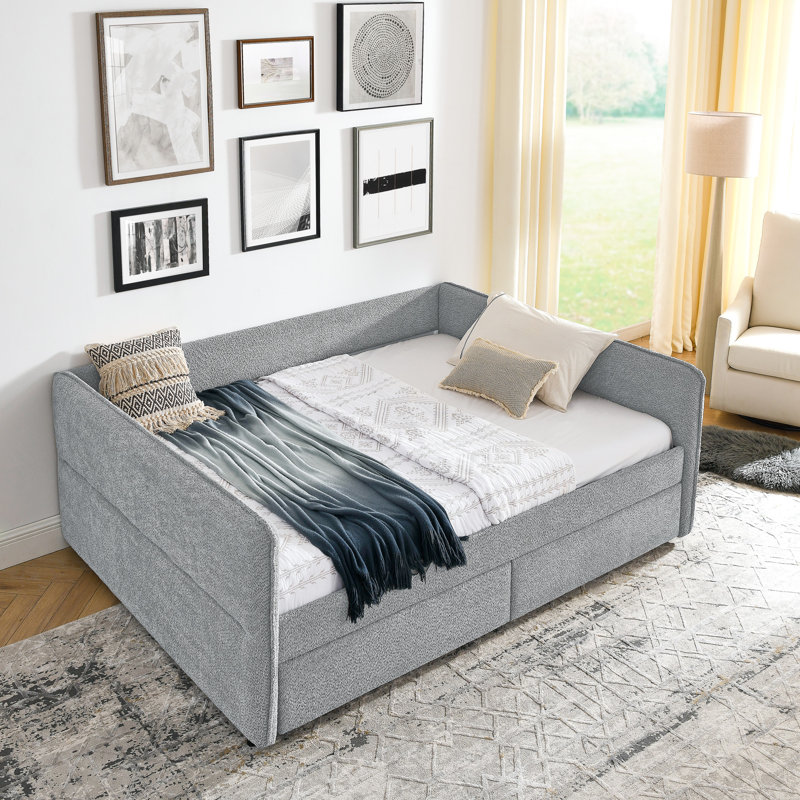 Grey Boucle Upholstered Daybed With Trundle And Two Storage Drawers, Queen Model