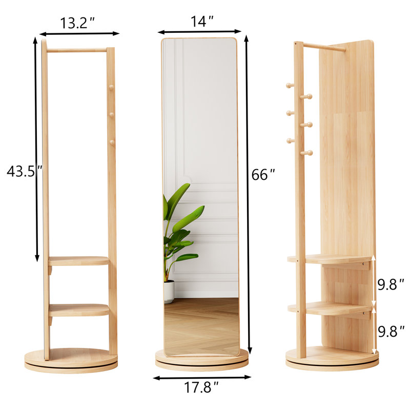 Miroir pivotant sur 360 ° avec support de rangement, miroir à cadre en bois pour la chambre à coucher et le salon