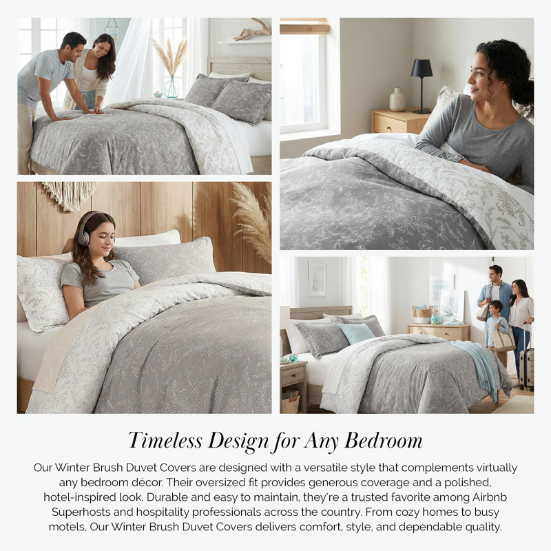 Southshore Fine Linens Winter Brush Grey King/California King 3-Piece Reversible Floral Duvet Cover Set, 1 Duvet Cover & 2 King Shams, 110 GSM Microfiber