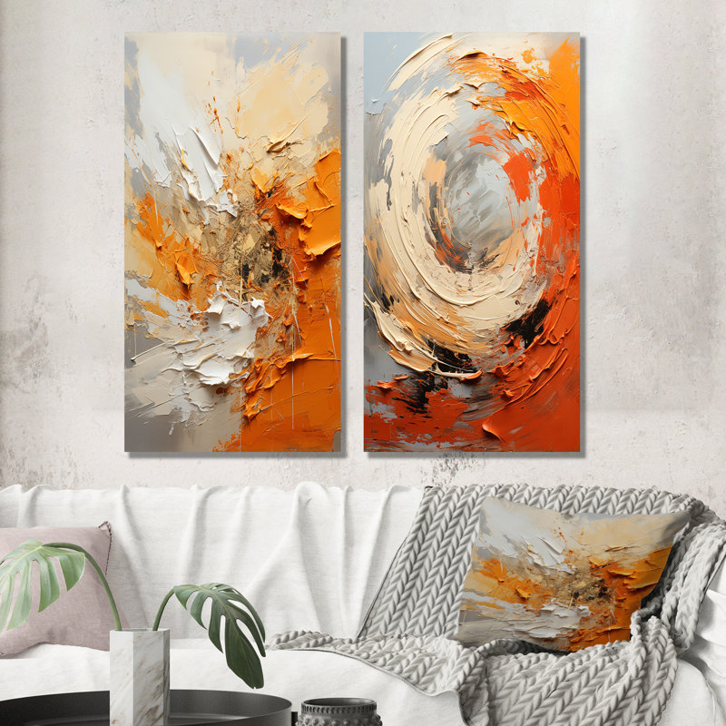 Orange And Beige Echoes Of Modern Shapes I - Abstract Painting Canvas Prints Set Of 2, 32" H x 33" W, Wrapped Canvas