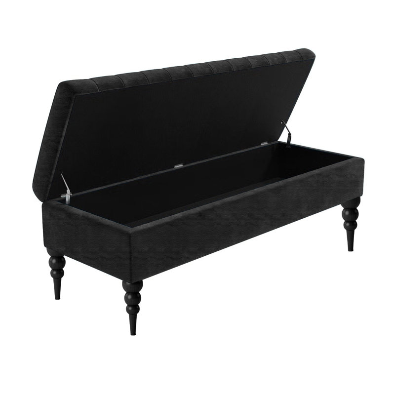 Sierra Striped Upholstered Ottoman Storage Bench - Naples Shoe Bench Footstool with Storage & Turned Wooden Legs, Black