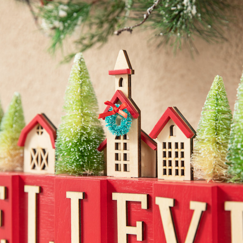 14"L Christmas Wooden House/Brush Trees Table Décor