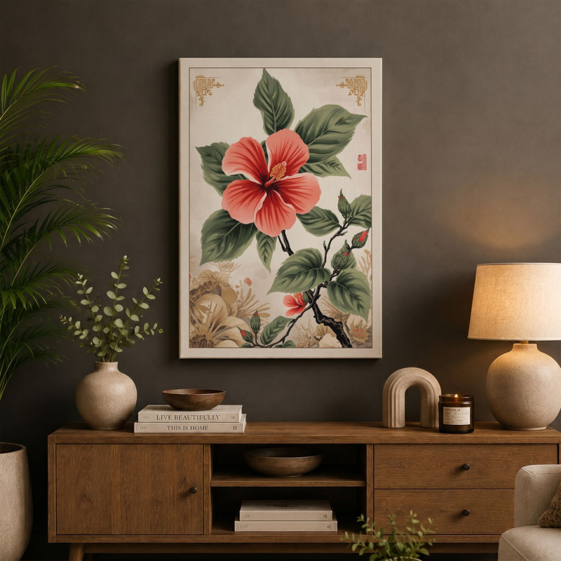 Hibiscus in Gold Botanical - Wrapped Canvas, 18x12 - 45.7 x 30.5 cm, Terracotta Border