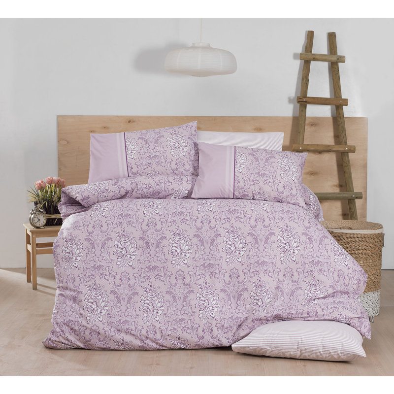 Ensemble de housse de couette 100% coton Gorge, Housse de couette 61 po x 79 po + 1 taie d'oreille, Rose