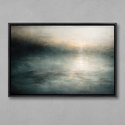 «Misty Blue Abstract Seascape Light Reflection Horizon», reproduction d'art encadrée