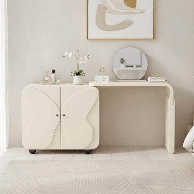 Cream Butterfly Door Extendable Makeup Vanity Set With Mirror & Acrylic Chair
