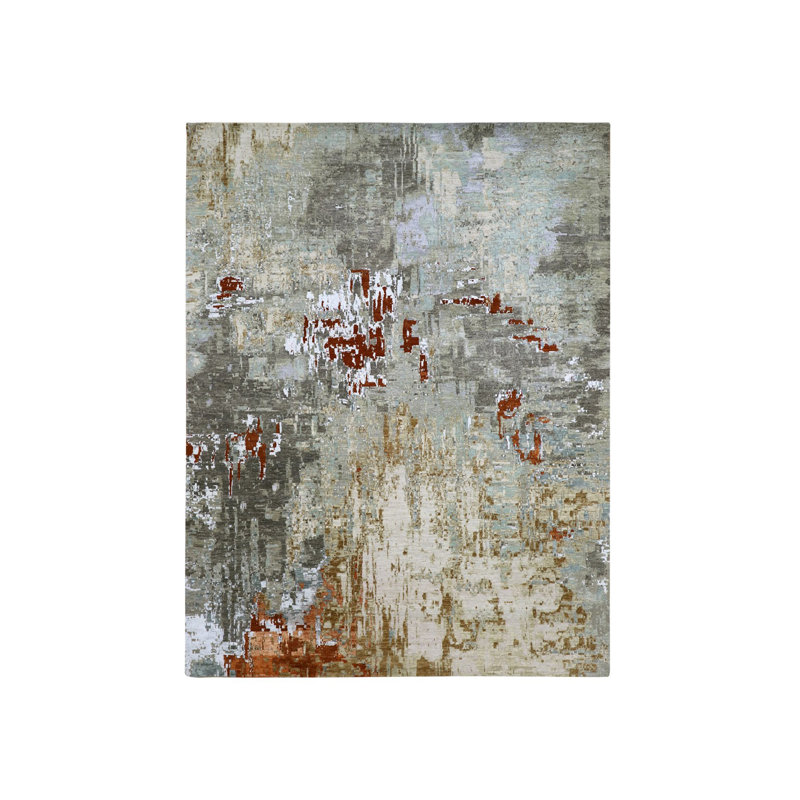 Tapis oriental rectangulaire gris en laine noué à la main 9 pi 0 po x 11 pi 9 po - MOA10283143