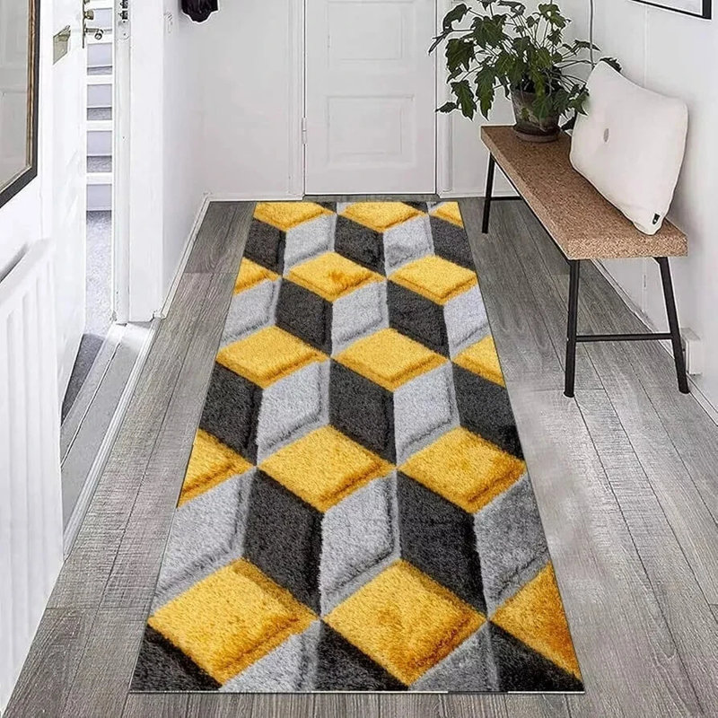 Shaggy Rug Ochre Large Living Room Carpet & Extra Long Hallway Runner Modern Geometric Non Slip Bedroom Area Rug