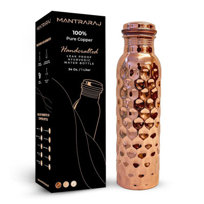 MantraRaj 1 Liter 34 Oz Copper Water Bottle Ayurvedic Leak Proof Water Bottle (Diamond)