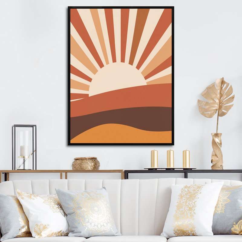 «Retro Terracotta Sun Midcentury Landscape» sur toile, H 32 po x l 24 po x P 1 po, Cadre flottant noir