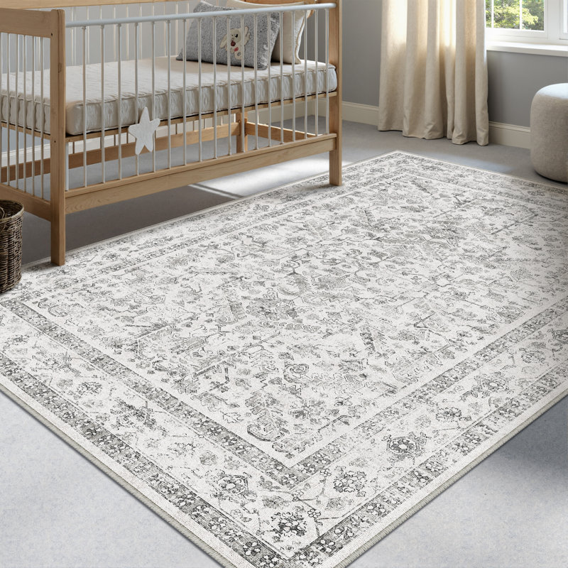 Stella Vintage Style Machine Washable Grey Area Rug With Non-Slip Backing, Rectangle 3' x 5'