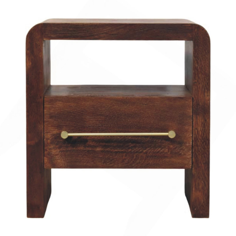 Table de chevet ouverte en bois et chêne avec poignée en laiton, 1 tiroir, 1 tablette, Wanul