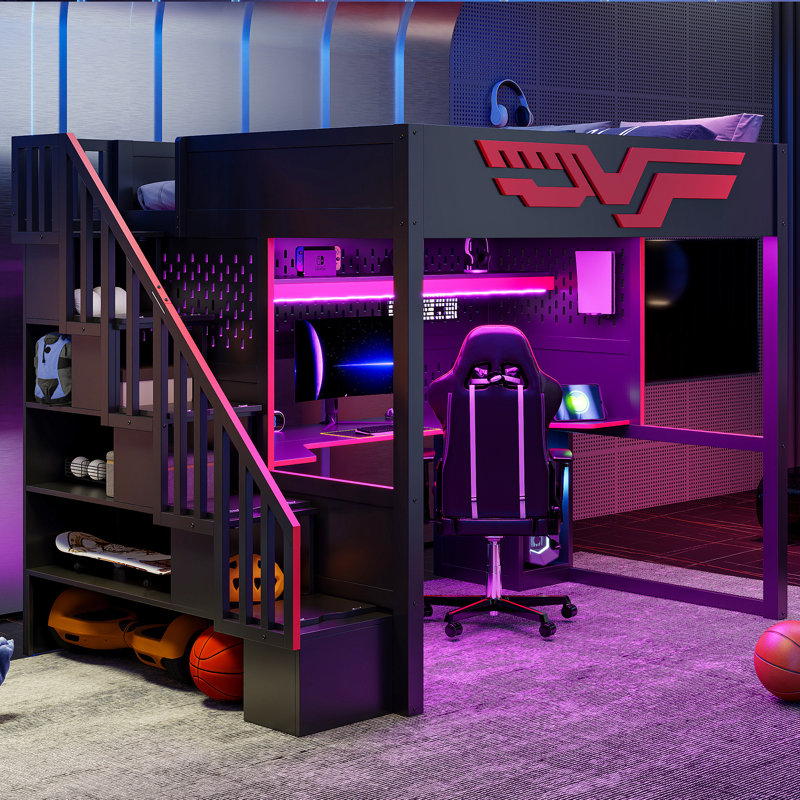 Lit mezzanine moderne avec bureau, lumières DEL, charge USB et escalier de rangement