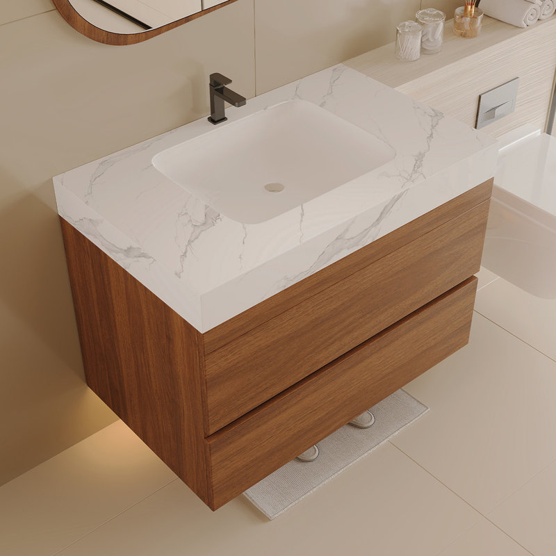 Meuble-lavabo flottant moderne 29,9 po avec comptoir en faux marbre et lavabo encastré en céramique, fixé au mur pour les petites salles de bain et les appartements