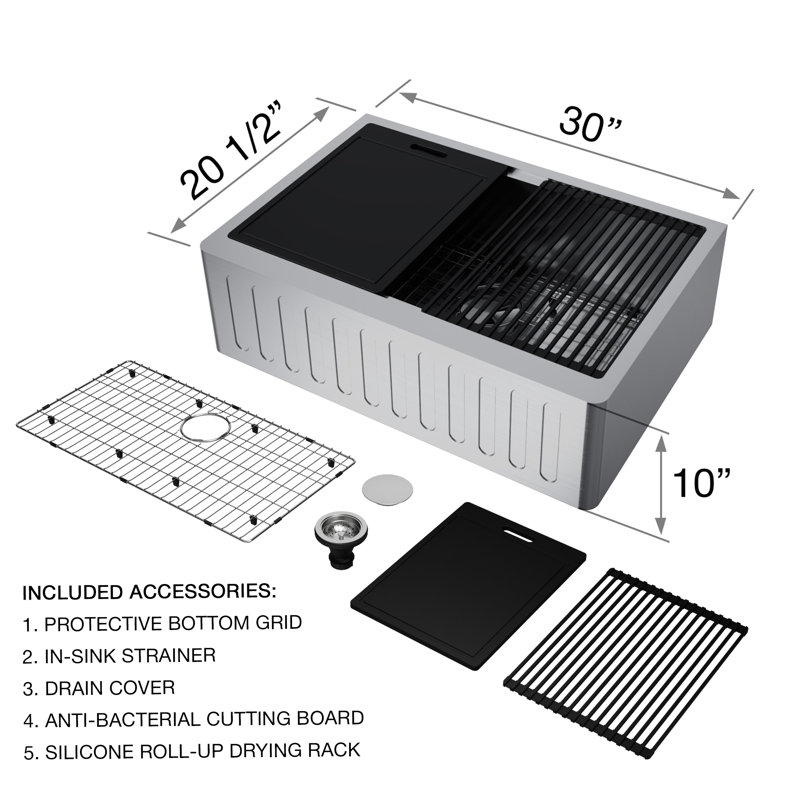 Oxford 30" L x 20" W Single Basin Farmhouse Stainless Steel Kitchen Sink Workstation & 19" H Faucet, Matte Gold