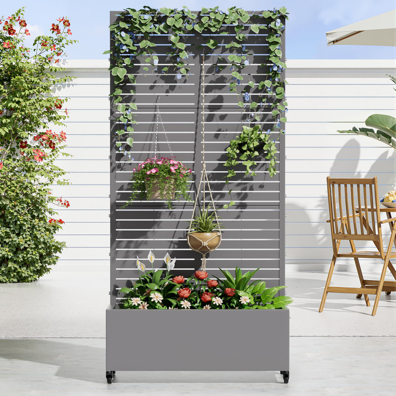 Metal Planter Box with Trellis with Wheels, 72" H x 35" W x 16" D, Gray