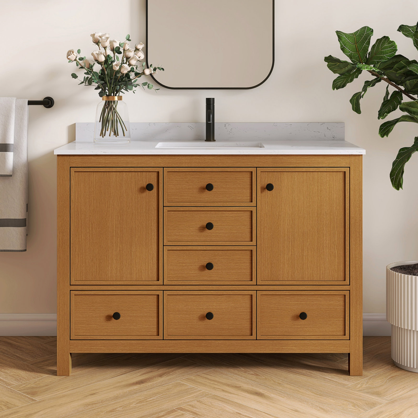 Aura 48'' Single Bathroom Vanity With Engineered Marble Countertop And Undermounted Sink, Black