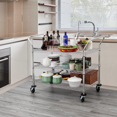 3-Tier Commercial Grade Rolling Cart, Heavy Duty Utility Cart with Wheels and Handles, Metal Kitchen Carts on Wheels with 600 lbs Capacity