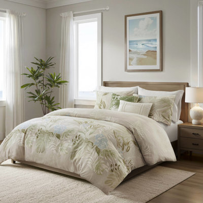 Collection de housse de couette pour lit très grand / très grand 5 pièces de style bord de mer, coussins décoratifs brodés, coton lavable à la machine avec imprimé tropical 2 taies décoratives, fermeture à boutons