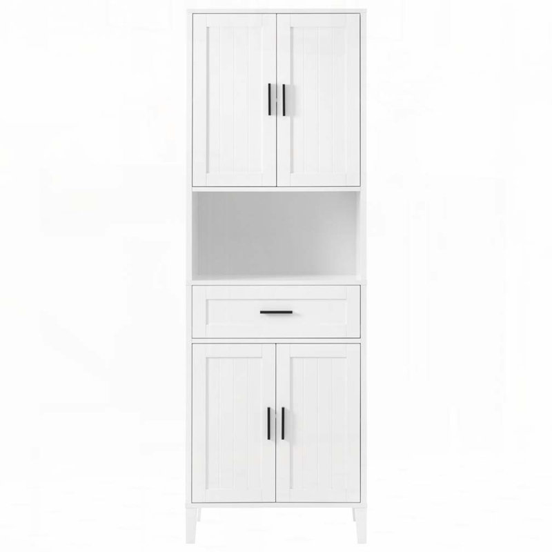 Freestanding Tall Bathroom Cabinet with a Drawer, 2 Cabinets, 4 Soft-Close Doors, 2 Adjustable Shelves, Open Storage, White