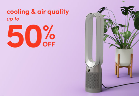 Cooling and air quality appliances up to 50% off, featuring a tower fan next to a potted plant on a purple background.