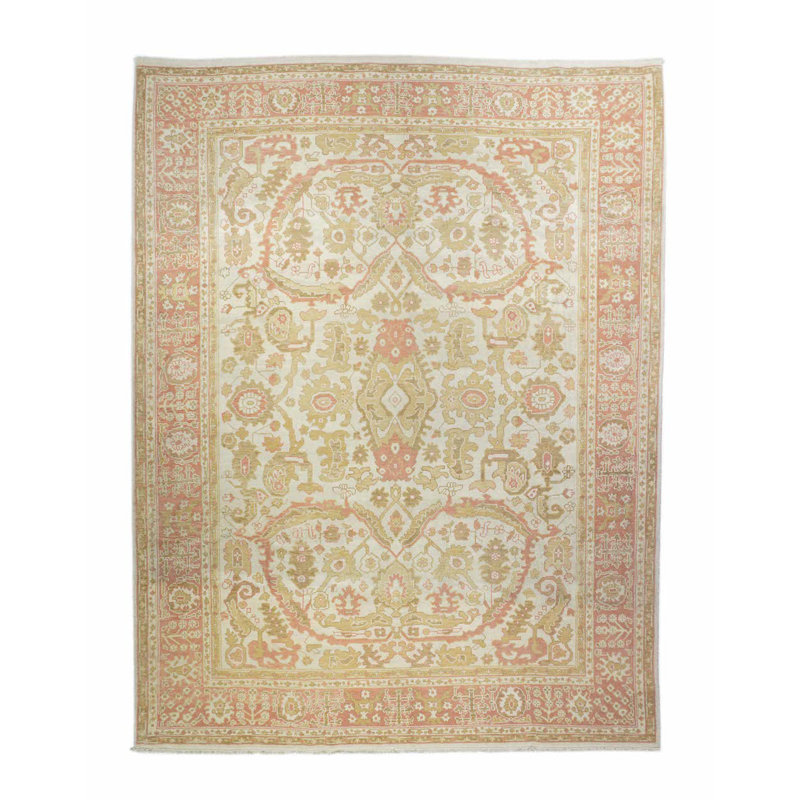Tapis beige en laine noué à la main de conception unique 9 pi x 12 pi
