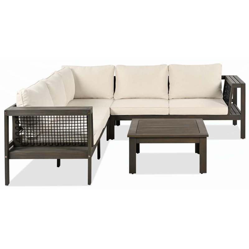 Outdoor Acacia Wood Sofa Set with Comfortable Cushions and Versatile Design, Beige Cushion/Grayish Brown Frame