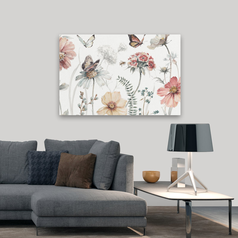 «A Country Weekend I Crop - Bees Butterflies Cosmos Ferns Art», H 32 po x l 48 po