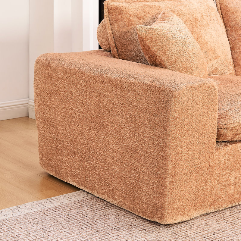 Canapé d'angle moderne en bouclette de 272 cm avec méridienne réversible pour salon, coussins moelleux effet nuage, couleur orange, dossier divisé, assise confortable, forme modulable, accoudoirs carrés, 4 places, aucun assemblage requis.