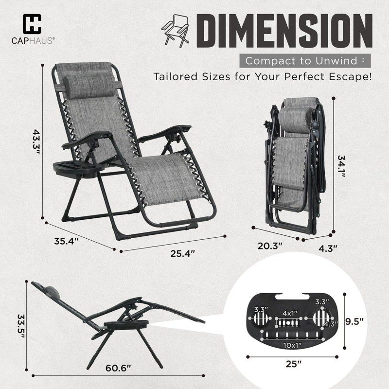 Ensemble de 2 chaises zéro gravité CAPDAUS, chaise longue avec plateau latéral, capacité de poids de 300 lb, plusieurs couleurs
