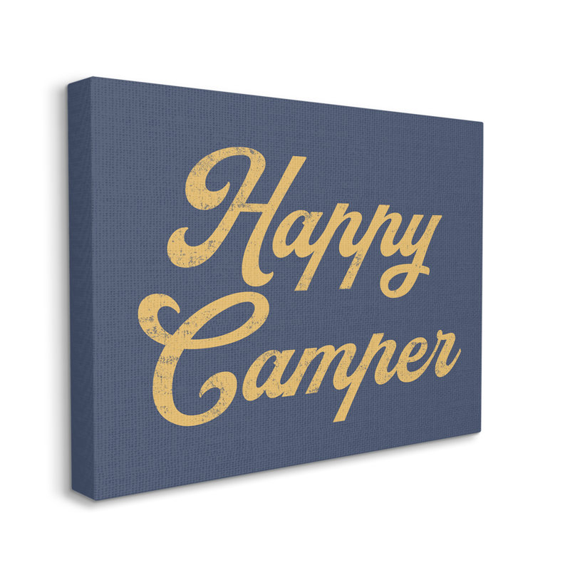 «Happy Camper», phrase de script rétro, accent jaune surdimensionné et encadré blanc, art texturé par Lil '' Rue