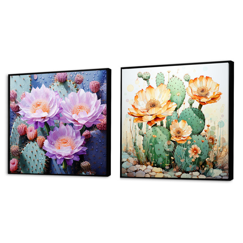 Cactus corail, impression romantique - ensemble de 2 collages floraux carrés, Cadre flottant noir, H 16 po x l 33 po
