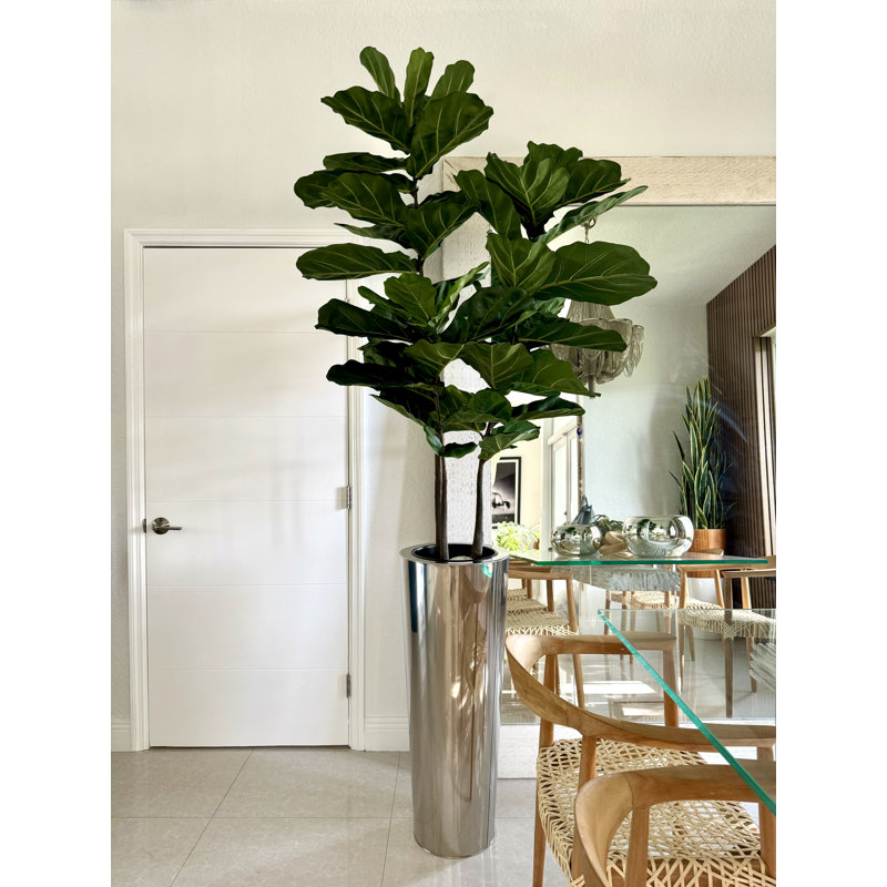 Fiddle 96'' Faux Fiddle Leaf Fig Tree in Metal Planter, 96" H x 42" W x 28" D, Silver