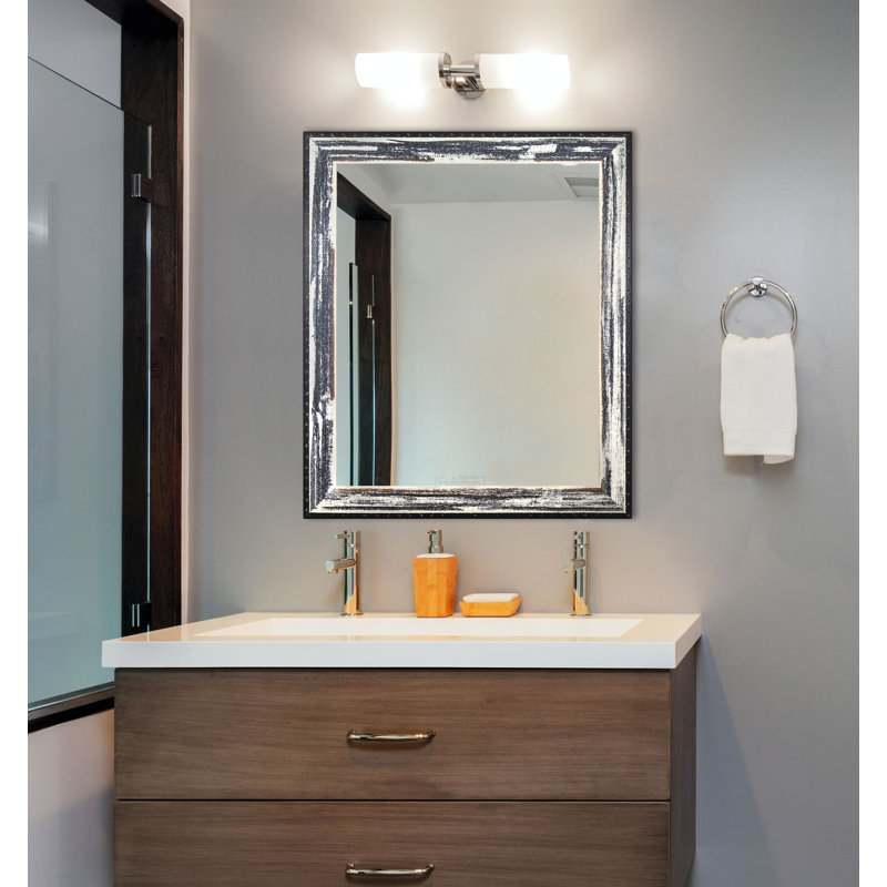 Solid Wood Flat Wall Mirror, 40" H X 30" W, Weathered Whitewash/Dark Rivet
