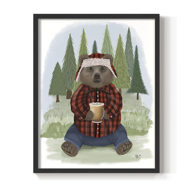 Lumberjack Bear Latte, reproduction encadrée - bois massif, H 10 po x l 8 po, Noir