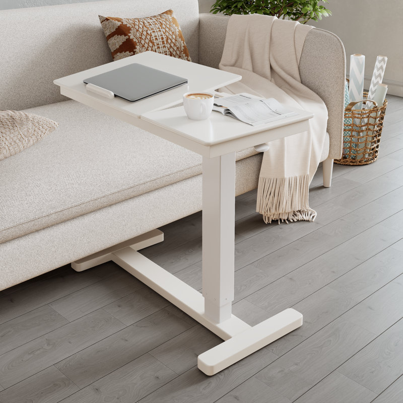 Solid Wood Adjustable Side Table with Tilting Top & Hidden Casters - Multi-Function Laptop Desk for Bed & Sofa, White