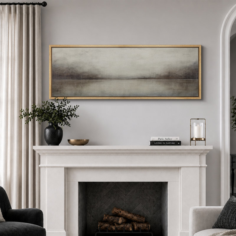 Tableau représentant un paysage de lac gris brumeux, idéal pour le salon, impression giclée sur toile encadrée, Floater Frame