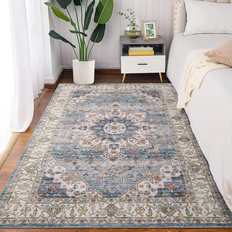 2x3 Vintage Floral Area Rug – Washable Boho Carpet, Non-Slip, Low Pile Floor Mat for Living Room, Office, Dining Room (Blue-Green)