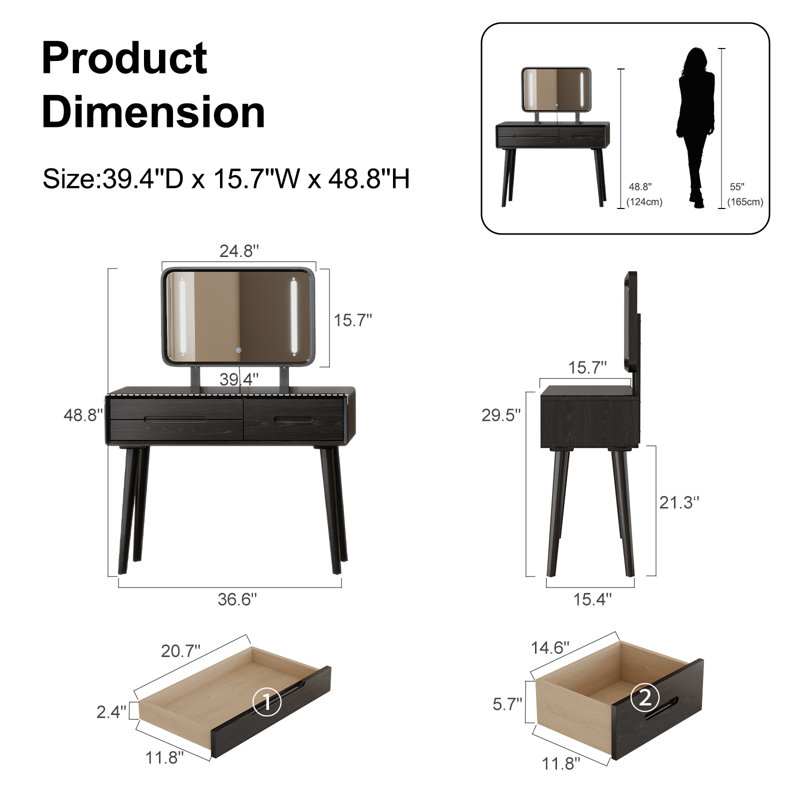 Solid Wood Makeup Vanity, Detachable Mirror, Adjustable Lighting, Equipped with Three Drawers, Black, 39.4" W