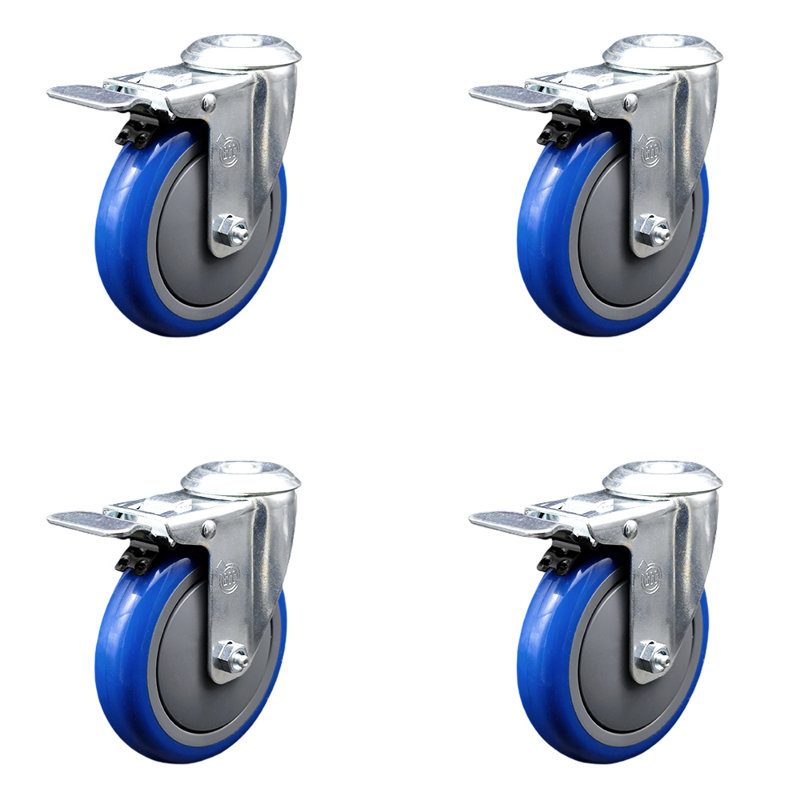 Ensemble de roulettes à trou pivotant en polyuréthane 5 pouces avec frein à verrouillage total, Bleu