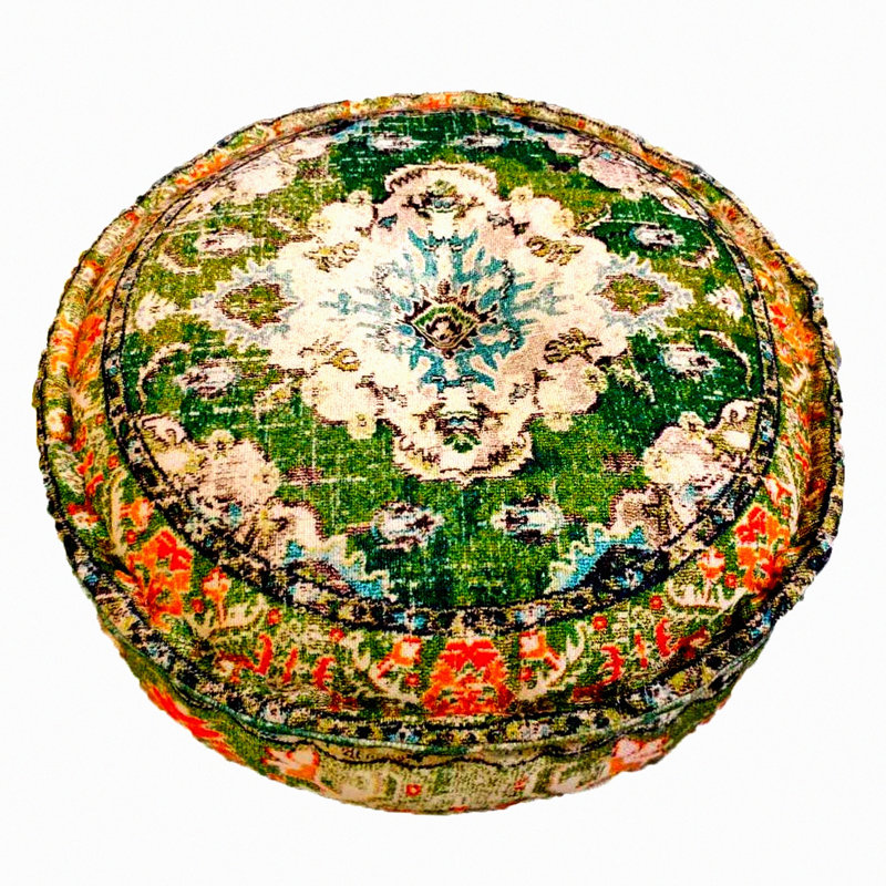 Boho Chic Round Green Floor Cushion Cover - Printed Cotton Yoga Pillow Case - Bohemian Accent Pouf Pouffe Decor