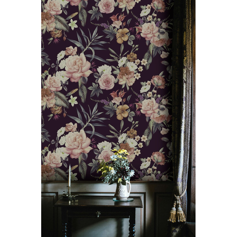 Papier peint floral prune foncé foncé avec roses, L 115 po x l 225 po