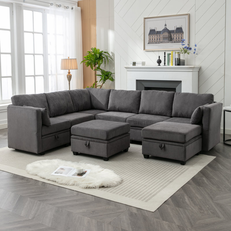Calkins Upholstered Sofa Sectional, Dark Gray Polyester