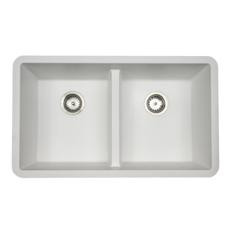 33 in. x 19 in. Quartz Undermount 50/50 Double Bowl Kitchen Sink, White