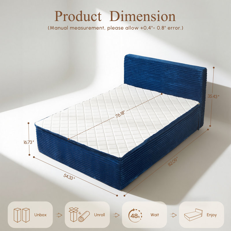 Lit plateforme de compression rembourrée avec tête de lit capitonnée, Full, Bleu