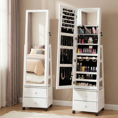 360° Swivel Jewelry Armoire with Internal LED Vanity Mirror, Full-Length Mirror, Rear Storage Shelves